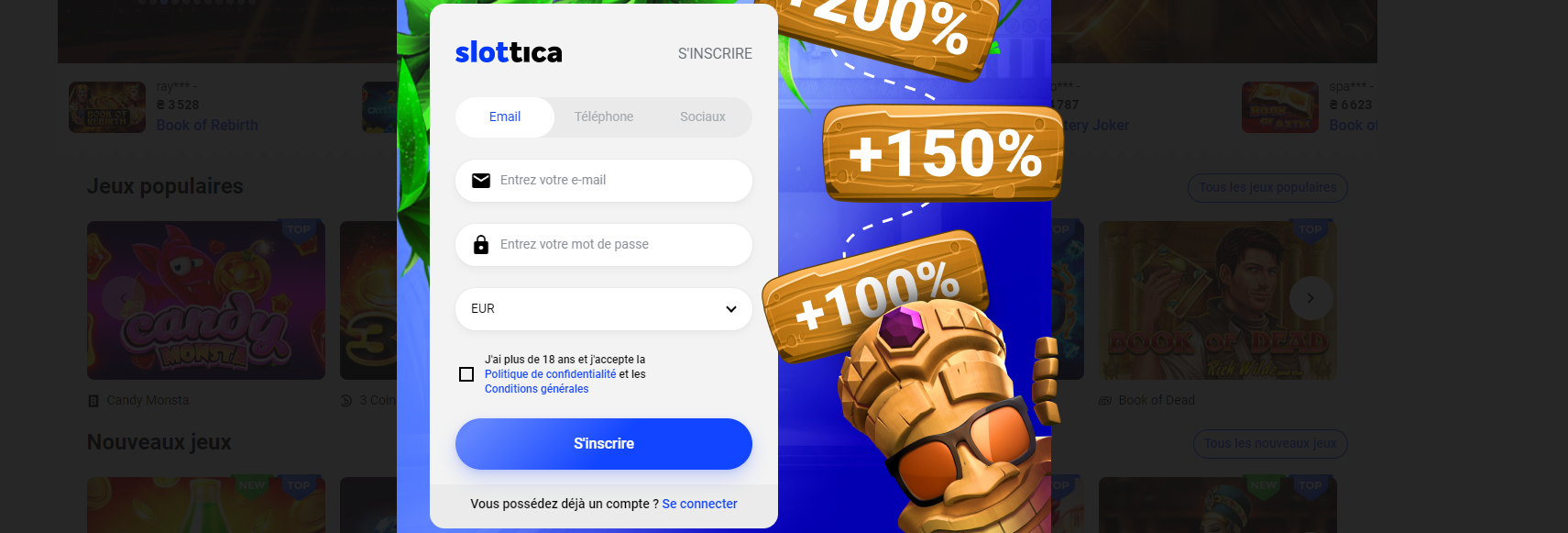 inscription Slottica en ligne casino mon compte