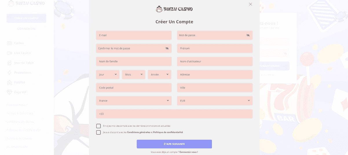 S inscrire sur Mon Compte BanzaiSlots Casino en Ligne