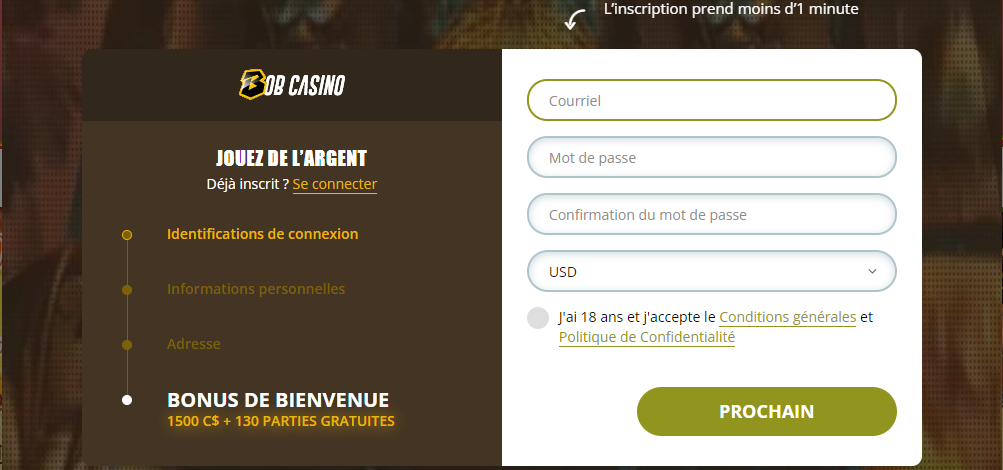 Inscription S'inscrire et se connecter Bob Casino mon compte