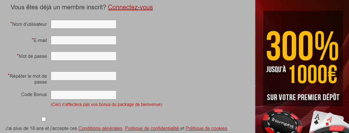 Inscription Casino en ligne Triomphe mon compte