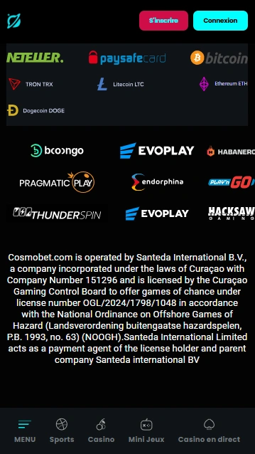 Version Mobile de CosmoBet Casino CosmoBet Avis