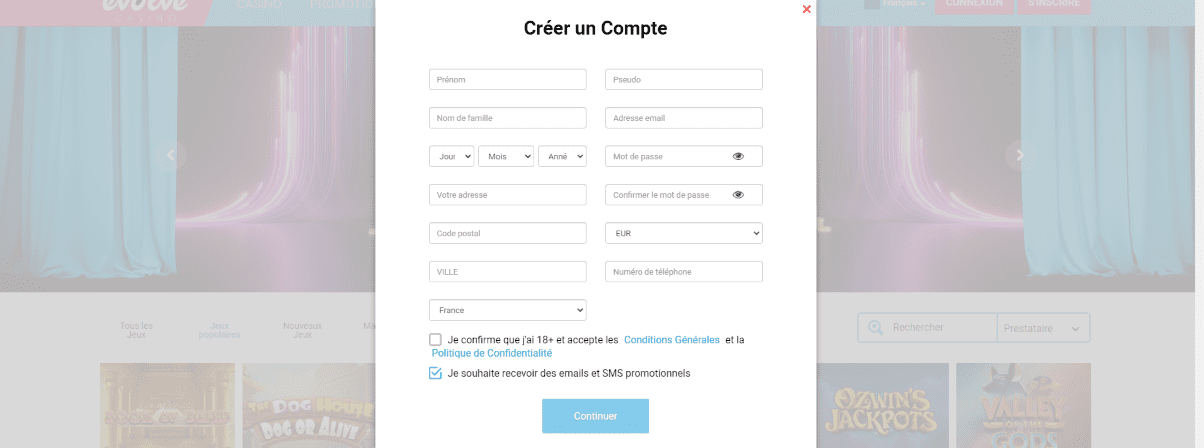Inscription au Evolve Casino Informations sur S'inscrire Votre Compte et Login en CasinoEvolve France