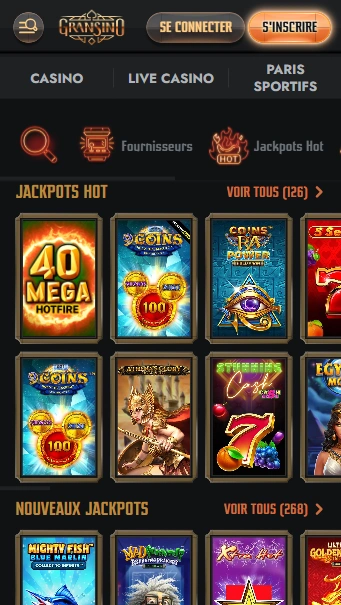 Jackpots au Casino Gransino Top Gransino3 France avec Jeux de Jackpot pour les Joueurs Français