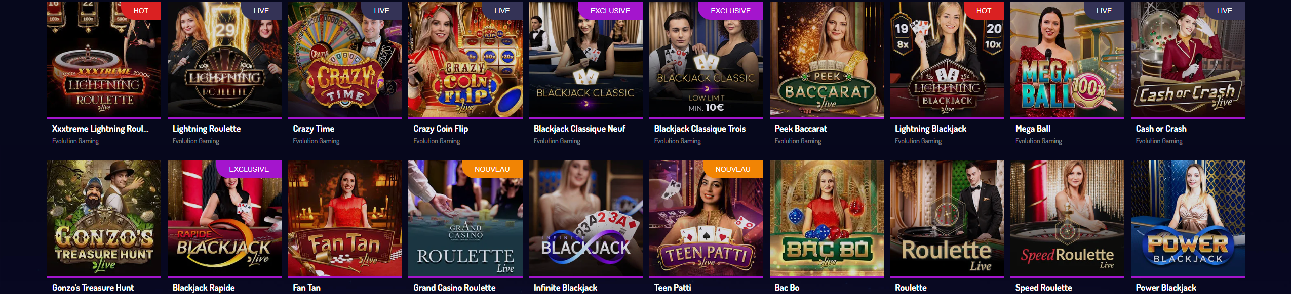 bonus Revue Jeux en Direct proposés Lucky 8 Casino