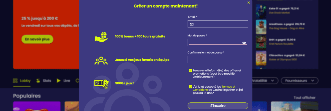 Inscription au Together Casino Connexion au Casino Together France