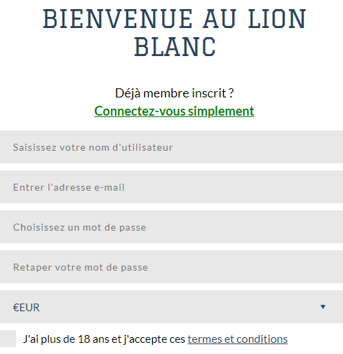 s'inscrire Se connecter à Casino White Lion mon compte