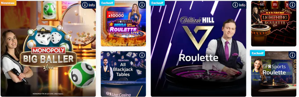 bonus Live Casino William aperçu des jeux disponibles